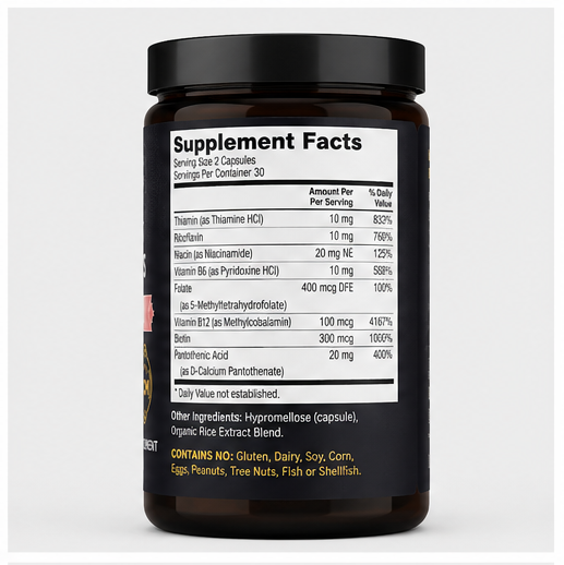 A dark amber supplement bottle with a black cap and a white Supplement Facts label, shown on a light gray background.