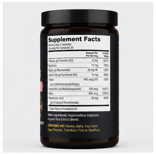 A dark amber supplement bottle with a black cap, showing the Supplement Facts label on a light gray background.