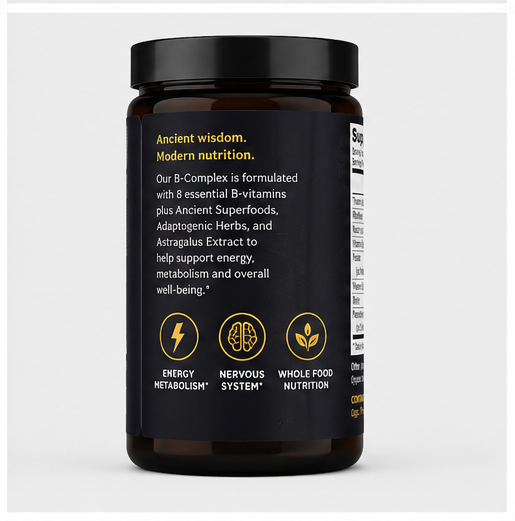 A dark amber supplement bottle with a black lid and a black label featuring yellow text and icons, photographed on a light gray background.