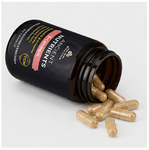 A dark amber supplement bottle labeled 'Ancient Nutrients' lies on its side with several tan-colored capsules spilling out onto a light gray surface.