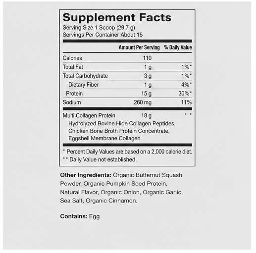 A Supplement Facts nutrition label for a multi collagen protein powder product, showing serving size, calories, fat, carbohydrate, protein, and sodium content, with other ingredients listed below on a light gray background.