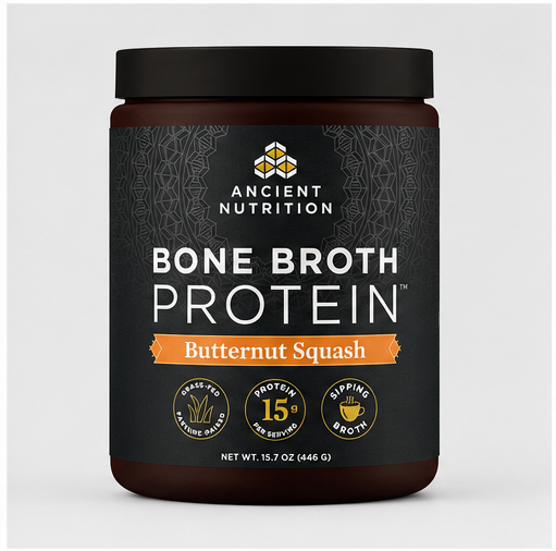A jar of Ancient Nutrition Bone Broth Protein in Butternut Squash flavor, shown on a light gray background.