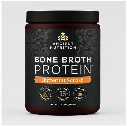 A jar of Ancient Nutrition Bone Broth Protein in Butternut Squash flavor, shown on a light gray background.