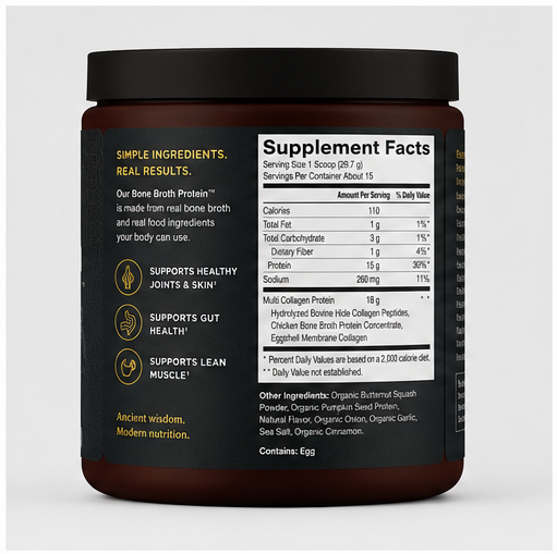 A dark amber supplement jar with a black lid, showing the back label with Supplement Facts, product details, and icons for healthy joints, gut health, and lean muscle support.