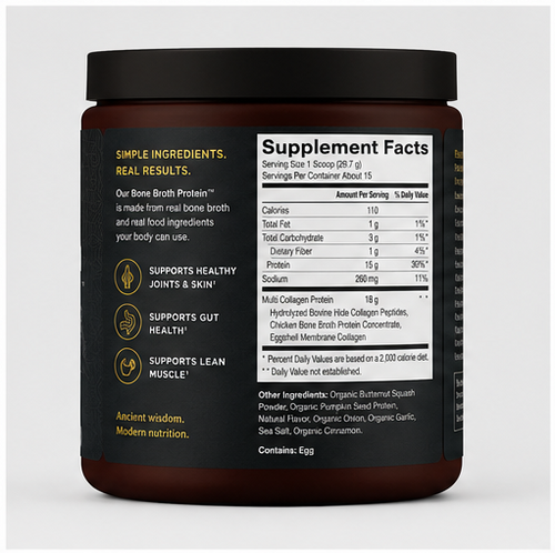 A dark amber supplement jar with a black lid, showing the back label with Supplement Facts, product details, and icons for healthy joints, gut health, and lean muscle support.