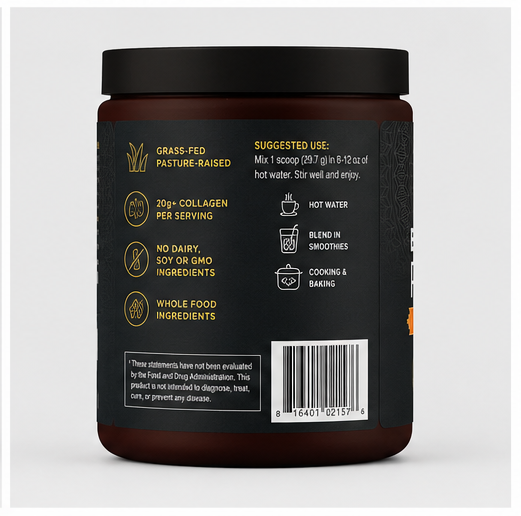 Back view of a dark brown supplement tub with a black lid, showing product details and usage instructions on a light gray background.