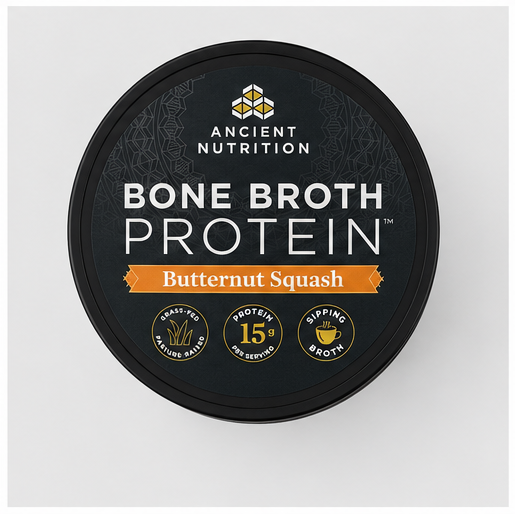 A round black container lid for Ancient Nutrition Bone Broth Protein in the Butternut Squash flavor, shown against a light gray background.