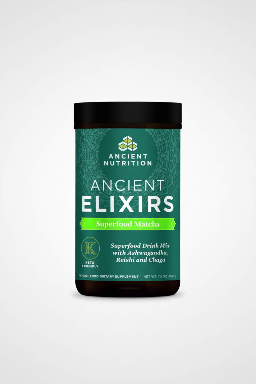 Ancient Nutrition Ancient Elixirs Superfood Matcha drink mix container on a white background