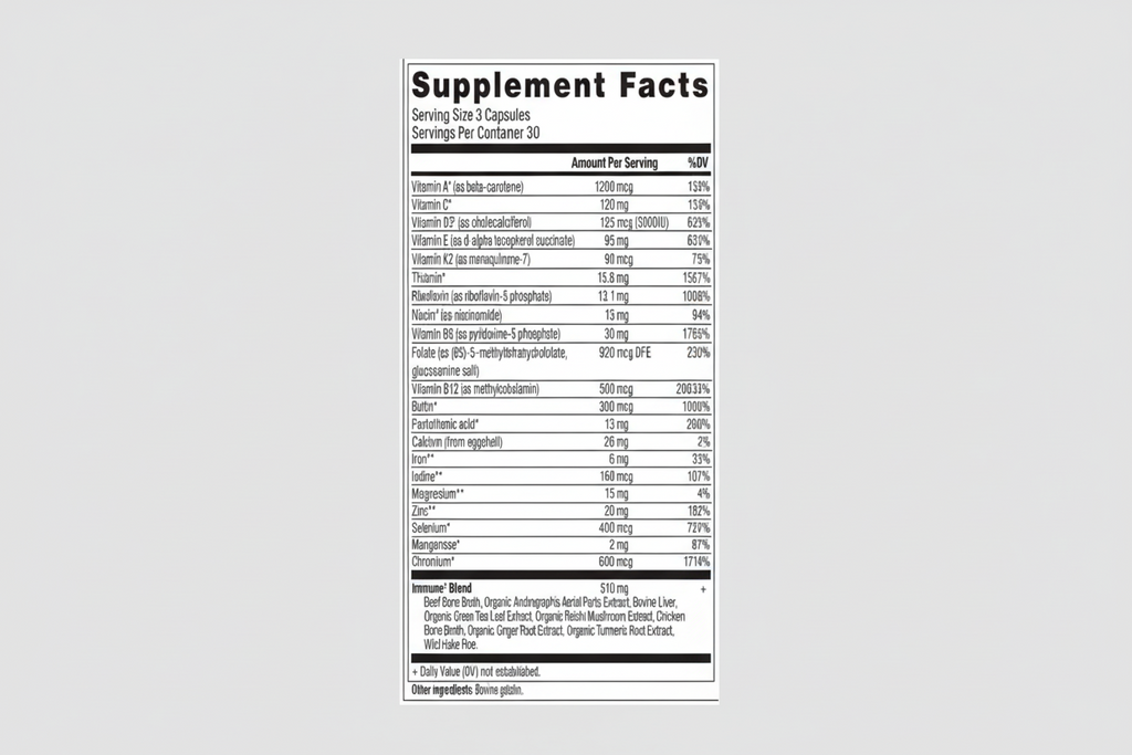 Supplement facts label with detailed nutritional information on a white background
