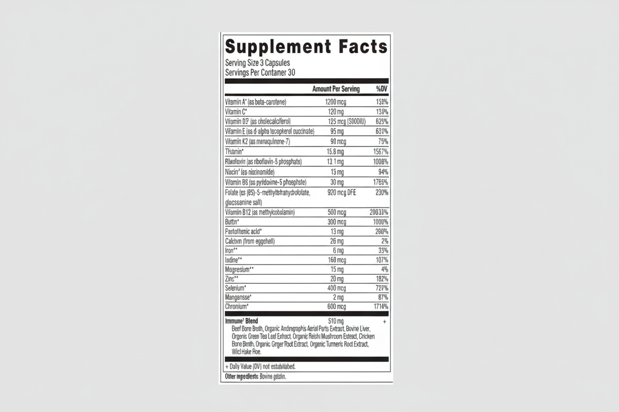 Supplement facts label with detailed nutritional information on a white background