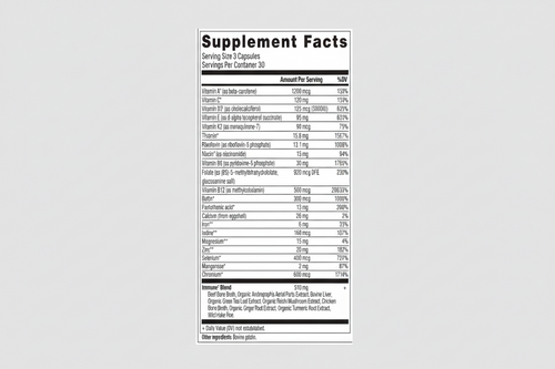 Supplement facts label with detailed nutritional information on a white background