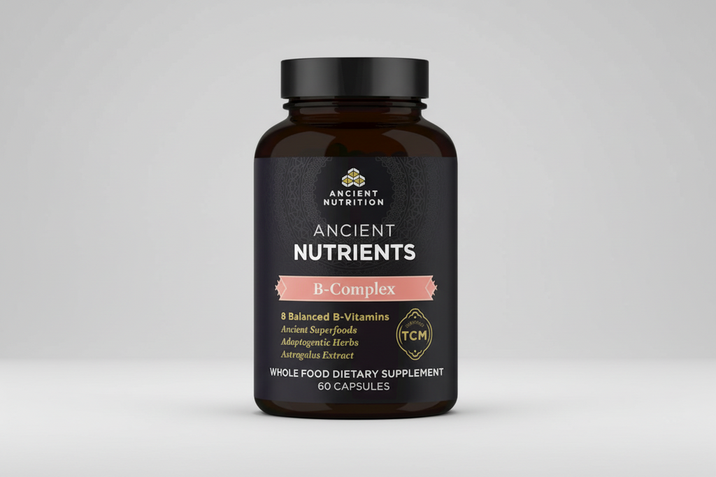 Supplement bottle labeled 'Ancient Nutrition Ancient Nutrients B-Complex' on a white background