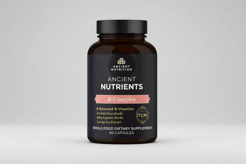 Supplement bottle labeled 'Ancient Nutrition Ancient Nutrients B-Complex' on a white background