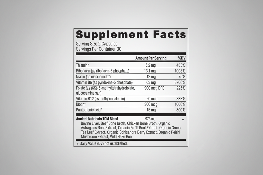 Supplement facts label with detailed nutritional information and ingredients.