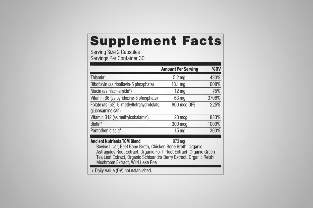 Supplement facts label with detailed nutritional information and ingredients.