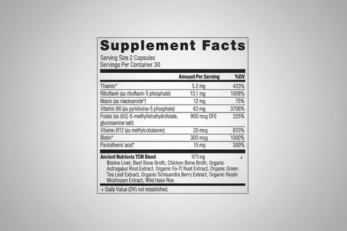 Supplement facts label with detailed nutritional information and ingredients.
