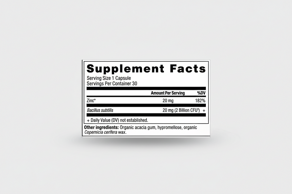 Supplement facts label with zinc and Bacillus subtilis information on a white background
