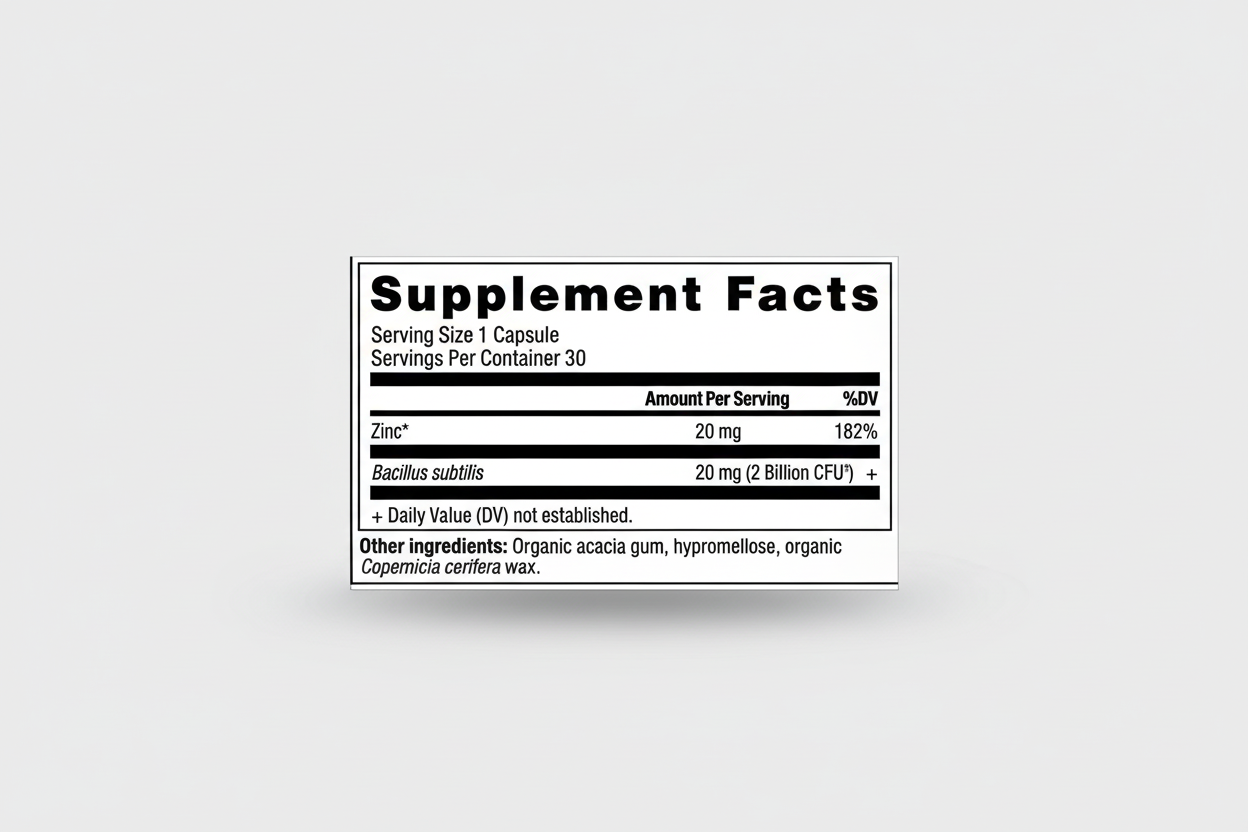 Supplement facts label with zinc and Bacillus subtilis information on a white background