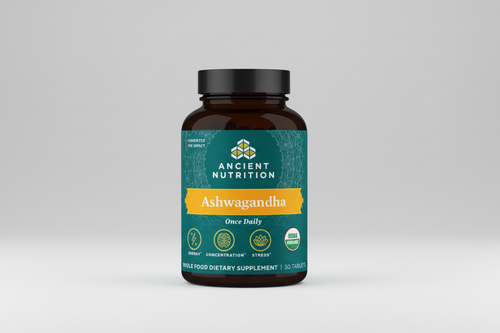Supplement bottle labeled 'Ashwagandha' by Ancient Nutrition on a white background