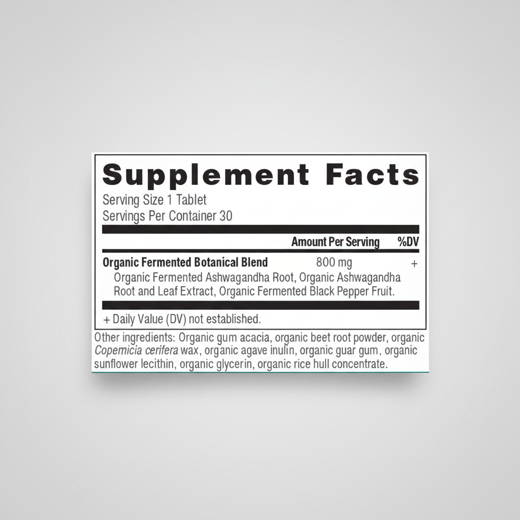 Supplement facts label with organic fermented botanical blend on a white background