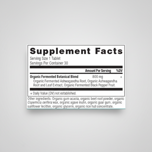 Supplement facts label with organic fermented botanical blend on a white background