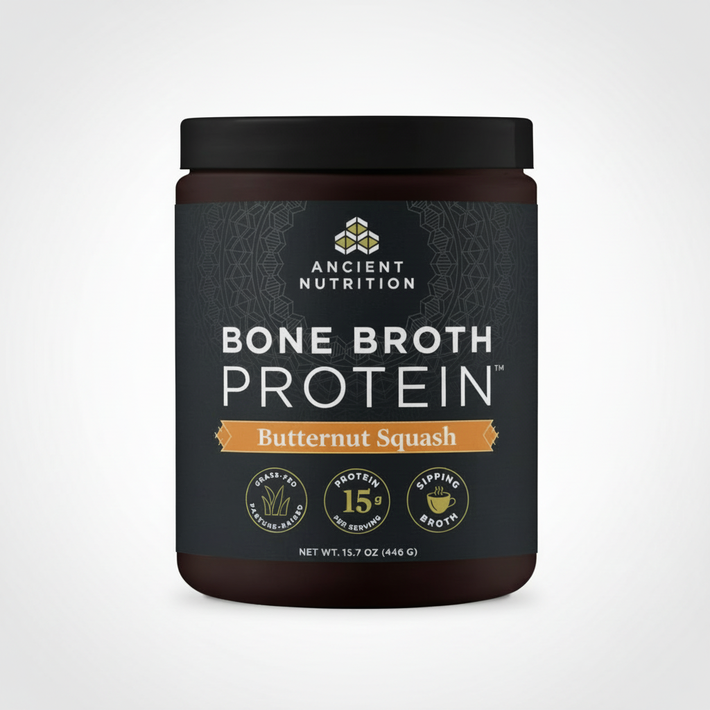 Ancient Nutrition Bone Broth Protein container with butternut squash flavor on a white background