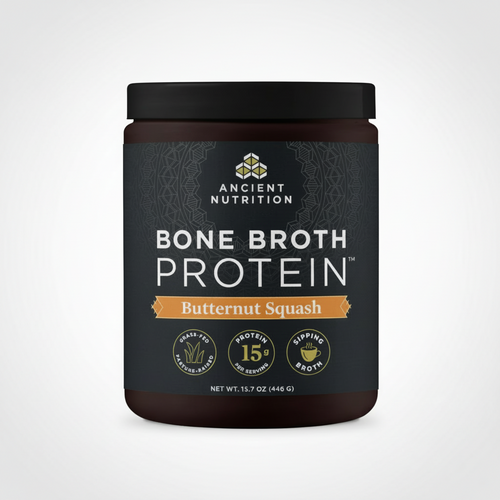 Ancient Nutrition Bone Broth Protein container with butternut squash flavor on a white background