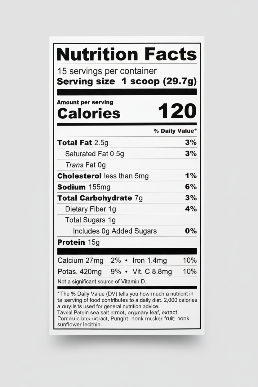 Nutrition facts label for a protein supplement with serving size, calories, and detailed nutritional information.