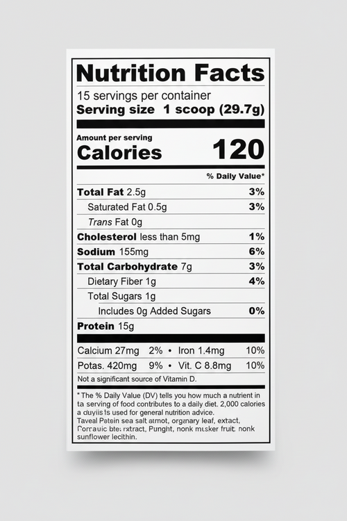 Nutrition facts label for a protein supplement with serving size, calories, and detailed nutritional information.