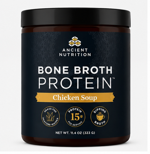 A dark amber plastic tub of Ancient Nutrition Bone Broth Protein Chicken Soup with a black lid and a dark navy label featuring white and gold text.