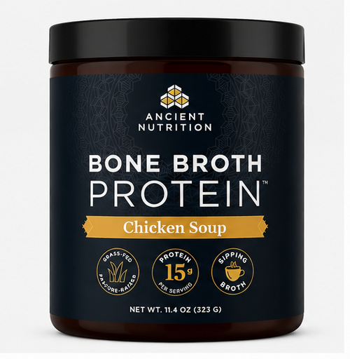A dark amber plastic tub of Ancient Nutrition Bone Broth Protein Chicken Soup with a black lid and a dark navy label featuring white and gold text.
