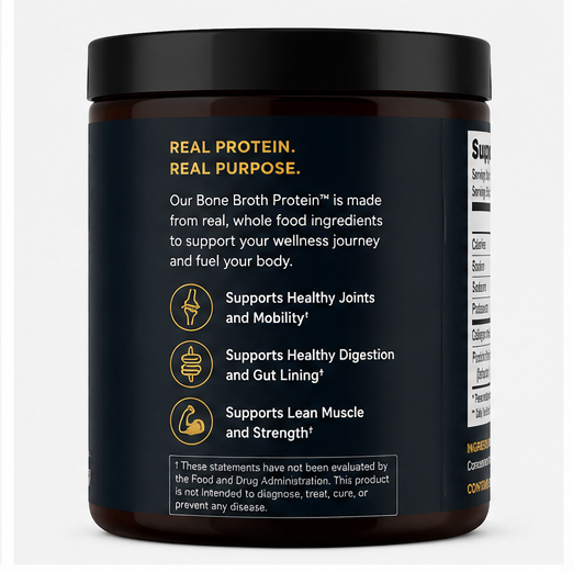 A dark amber plastic tub of Bone Broth Protein powder with a black lid, showing the back label with product claims in white and gold text.