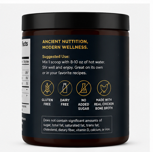 A dark amber-brown plastic jar with a black lid, showing the back label with product information and icons for gluten free, dairy free, no added sugar, and made with real chicken bone broth.