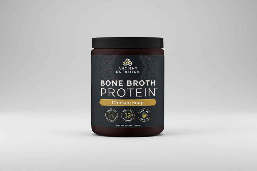 Container of Ancient Nutrition Bone Broth Protein Chicken Soup on a white background