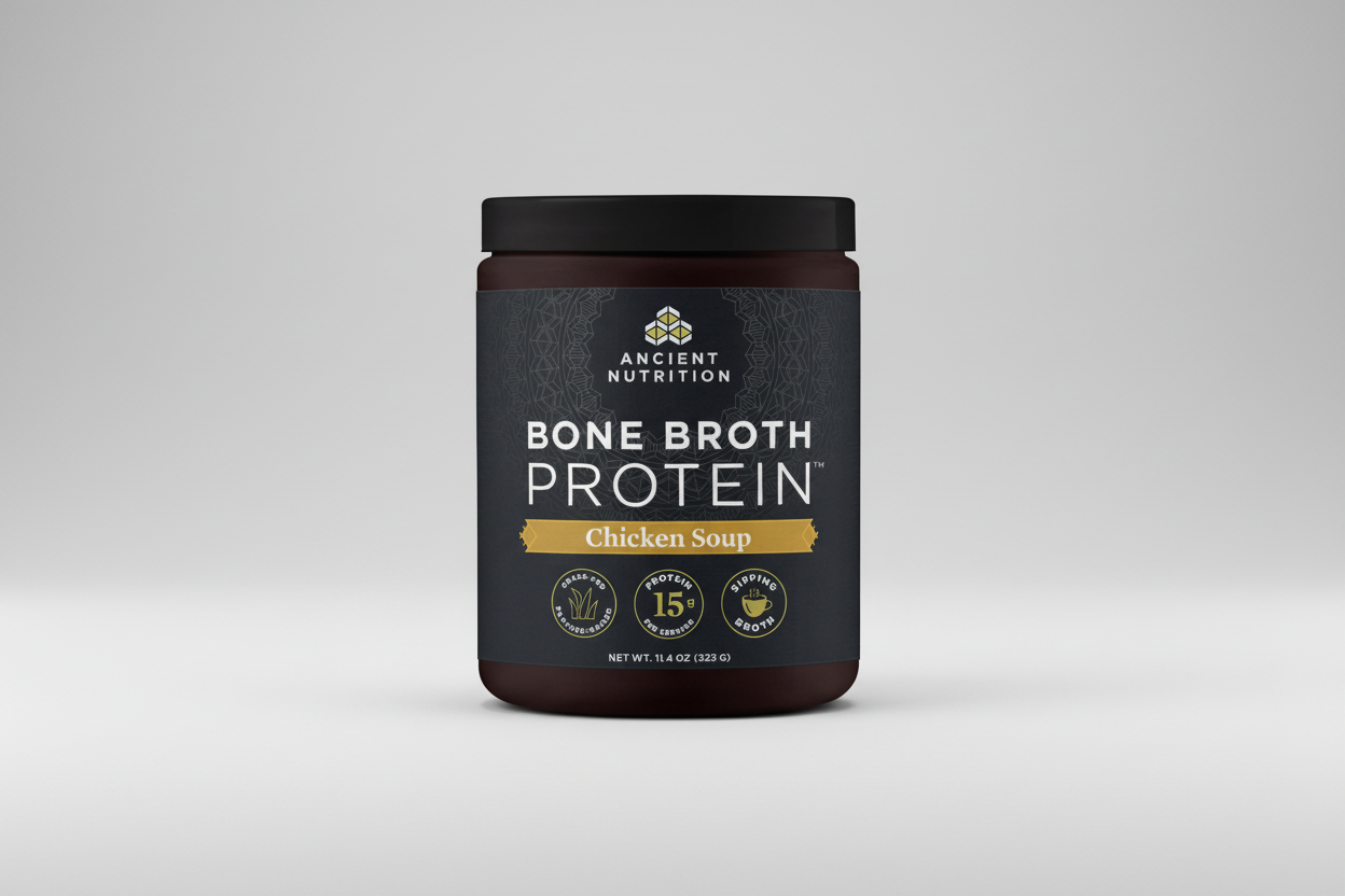 Container of Ancient Nutrition Bone Broth Protein Chicken Soup on a white background