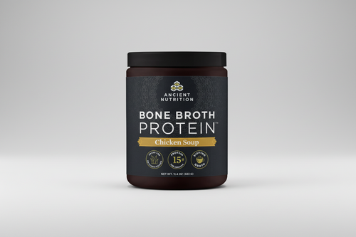 Container of Ancient Nutrition Bone Broth Protein Chicken Soup on a white background