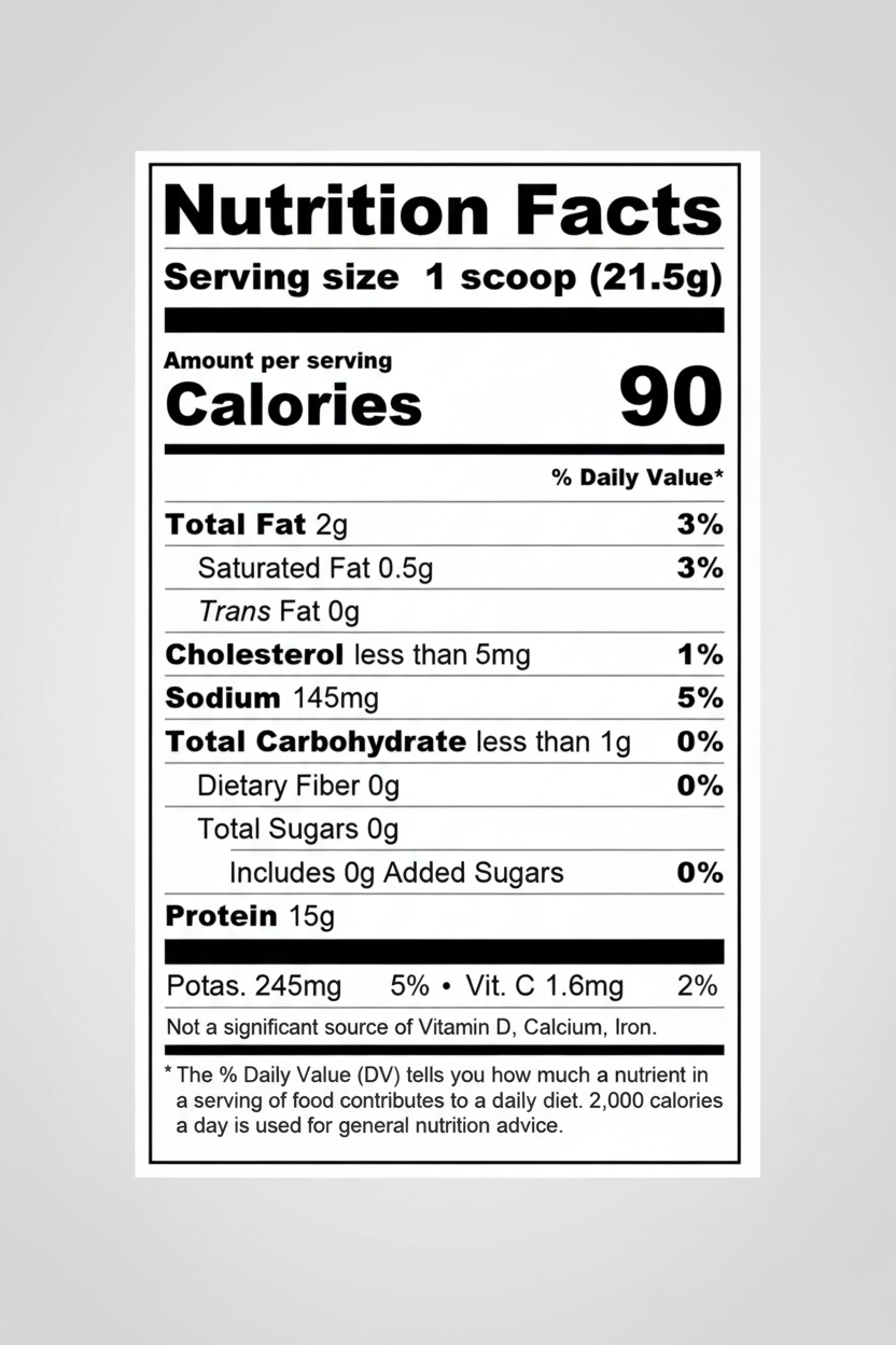 Nutrition facts label for a protein product with serving size, calories, and nutritional content.