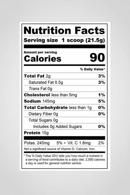 Nutrition facts label for a protein product with serving size, calories, and nutritional content.