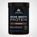 Container of Ancient Nutrition Bone Broth Protein in chocolate flavor on a white background