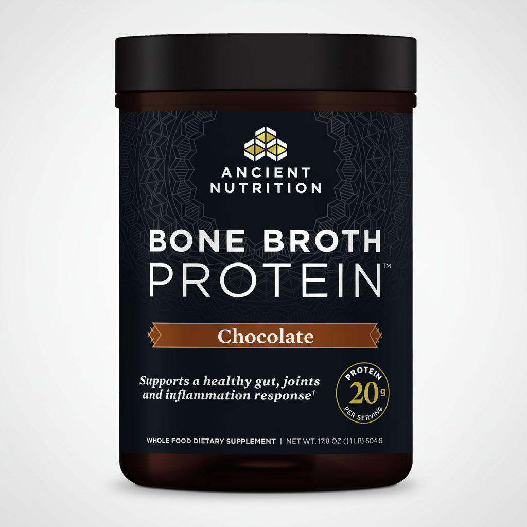 Container of Ancient Nutrition Bone Broth Protein in chocolate flavor on a white background