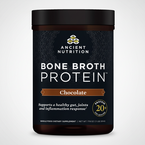 Container of Ancient Nutrition Bone Broth Protein in chocolate flavor on a white background