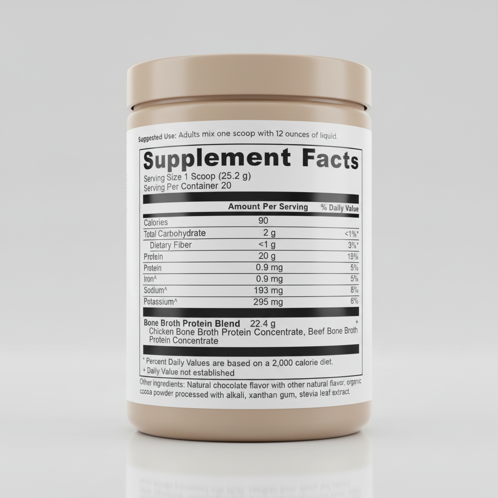 Supplement facts label for a protein supplement with detailed nutritional information.
