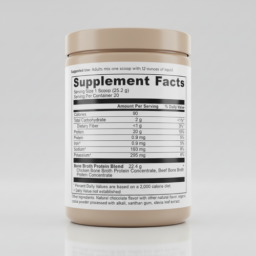 Supplement facts label for a protein supplement with detailed nutritional information.