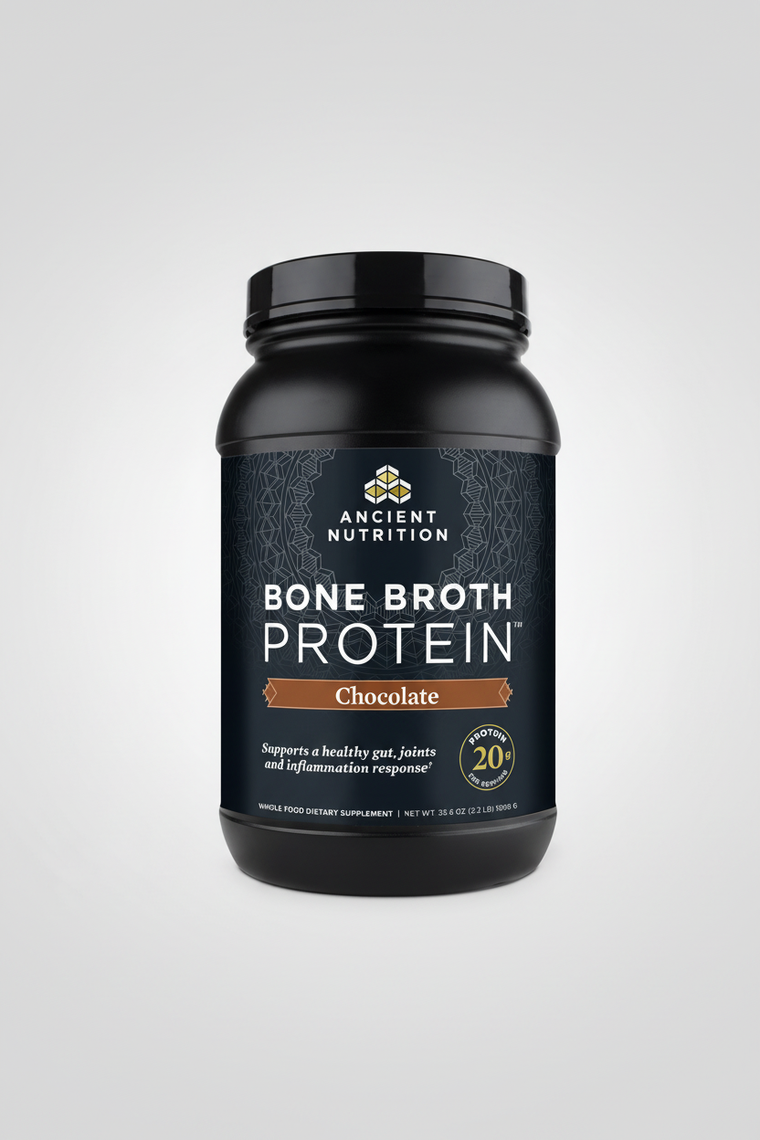 Black container of Ancient Nutrition Bone Broth Protein Chocolate flavor on a white background