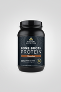 Black container of Ancient Nutrition Bone Broth Protein Chocolate flavor on a white background