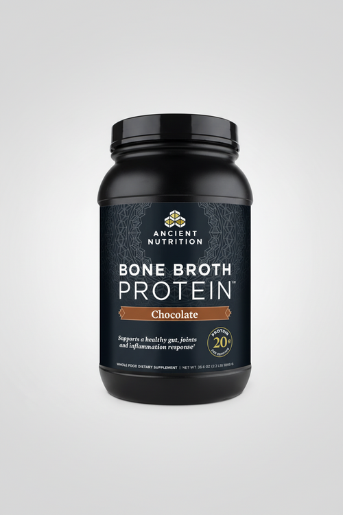 Black container of Ancient Nutrition Bone Broth Protein Chocolate flavor on a white background
