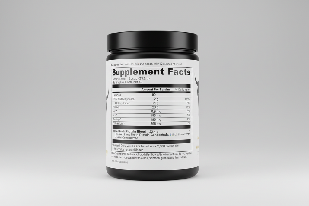 Supplement facts label for a bone broth protein blend with serving size and nutritional information.