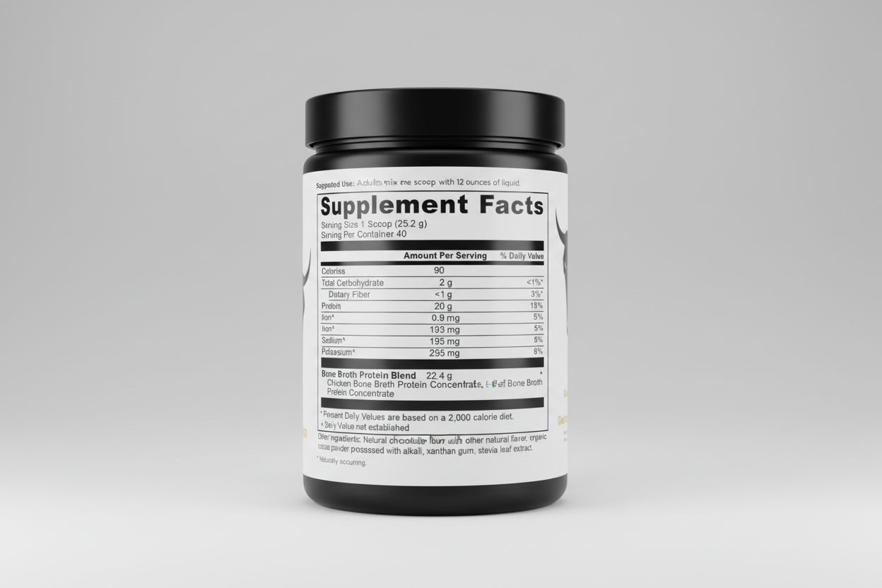 Supplement facts label for a bone broth protein blend with serving size and nutritional information.