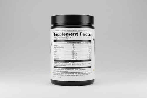 Supplement facts label for a bone broth protein blend with serving size and nutritional information.