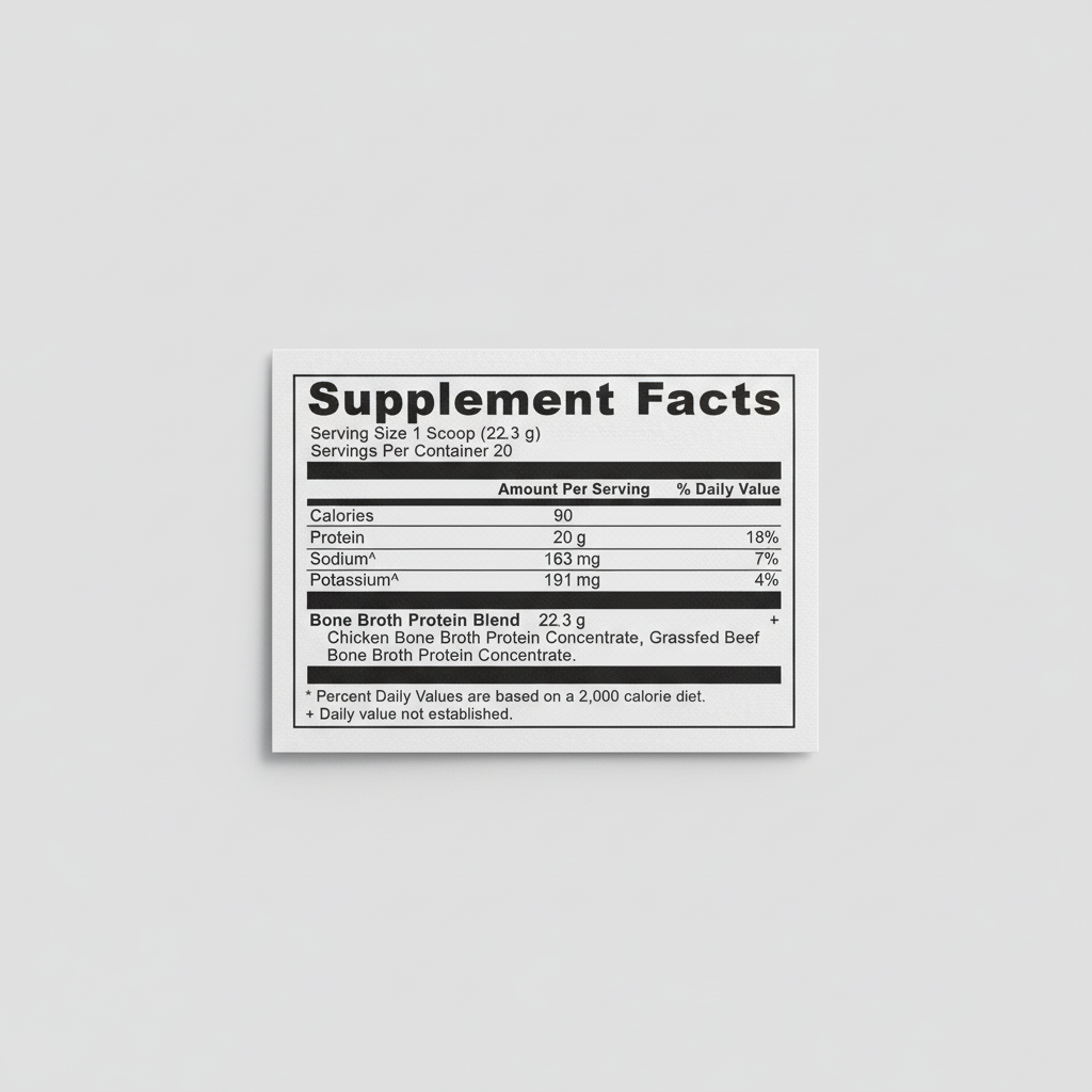 Supplement facts label for a protein product on a white background